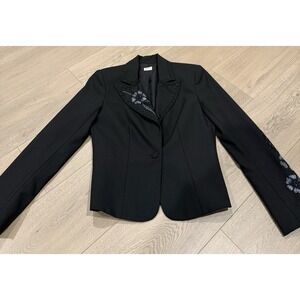 Cache Black Floral‎ Beaded Embroidered Single Button Blazer Jacket Size 36 M